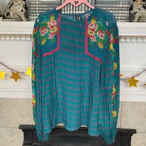 Anthropologie Teal Floral Women's Top
